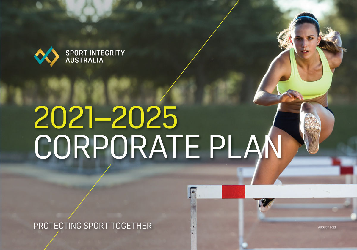 Sport Integrity Australia Corporate Plan 2021 - 2025 cover image with Australian female athlete hurdling