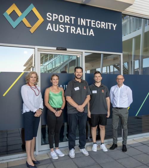 (L-R) Sport Integrity Australia’s Director of Sport Partnerships Linda Muir, Basketball Australia Integrity Officer Brooke Howarth, Basketball Australia Head of Integrity Damien Morris, Integrity Officer – NBL & Basketball Australia Trent Parker and SIA Partnership Manager Craig Beed.