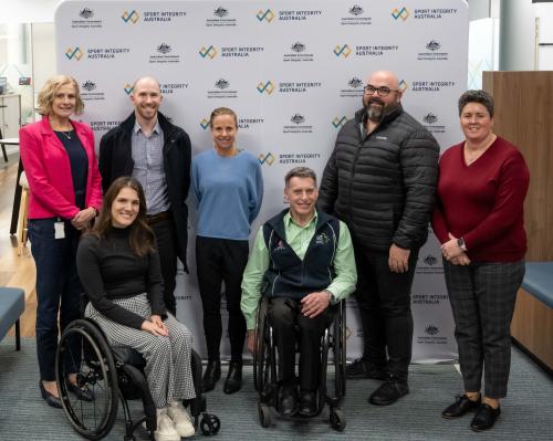 Some of the Athlete Advisory Group with members of our Sport Partnerships team. From left to right: Linda Muir, Ella Sabljak (AAG), Blake Gaudry (AAG),  Cassie Fien (AAG), Richard Nicholson, Damon Kelly (AAG), Petria Thomas.